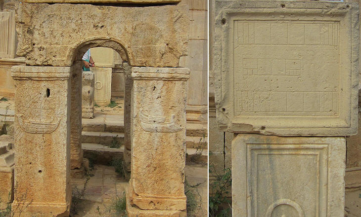 Mercado: (izquierda) pequeño arco decorado con relieves que muestran los buques (derecha) las normas de medición de longitud. Leptis Magna 17